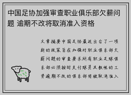中国足协加强审查职业俱乐部欠薪问题 逾期不改将取消准入资格 中国足协加强审查职业俱乐部欠薪问题 逾期不改将取消准入资格